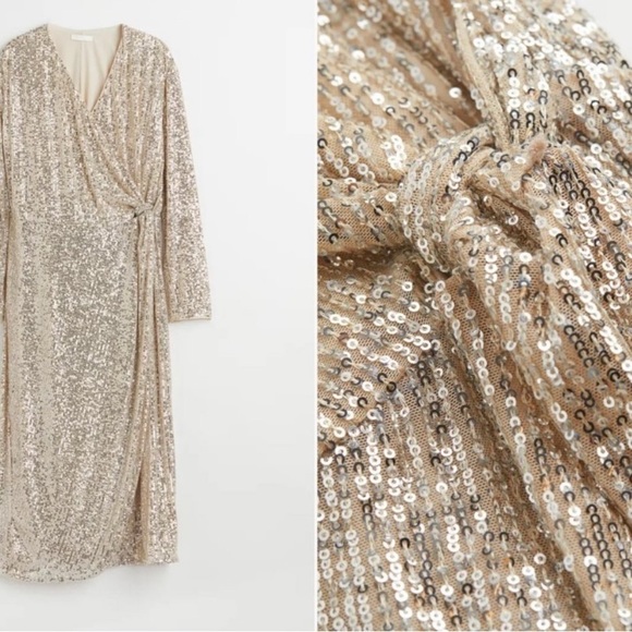 NWT H&M champagne sequin wrap dress. Size small. Perfect for Xmas/new years - Picture 2 of 7
